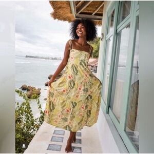 NEW Kenny Flowers Palm Floral Midi Dress Sundress Beach Vacation XS